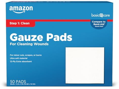 Amazon Basic Care Gauze Pads, 3x3 inches Sterile Medical Wound Dressing Sponges, 12-Ply, Ultra Soft, Extra Absorbent, 50 Count, 1-Pack (Previously All Health)