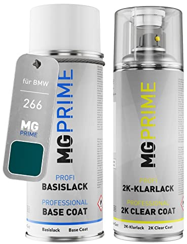 MG PRIME Autolack Spraydose für BMW 266 Lagunengrün Metallic + 2K-Klarlack | Laguna Green Metallic, Set aus Basislack + 2K Klarlack, Sprühdosen 400ml