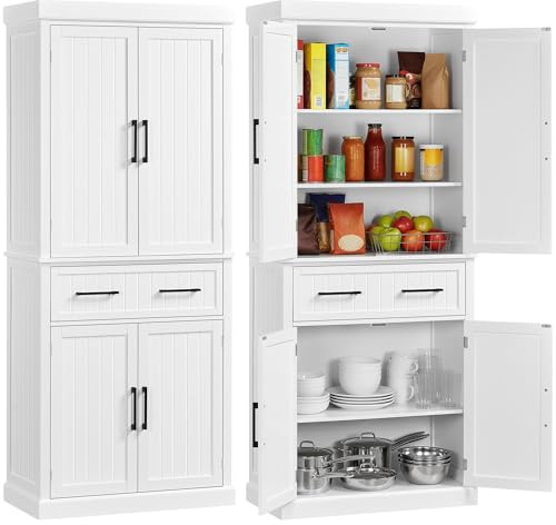 Yaheetech Kitchen Pantry Storage Cabinet with 4 Doors and 2 Adjustable Shelves, 72.5 Freestanding Tall Cupboard Cabinet with Drawer for Dining/Living Room, White