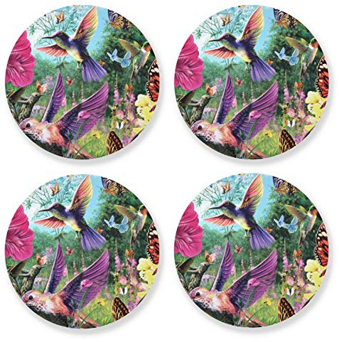 Set von 4 Untersetzern für Getränke, absorbierende runde Untersetzer mit Korkboden, Kolibri-Muster, Kaffeetisch-Untersetzer, Geschenk für Hausdekoration