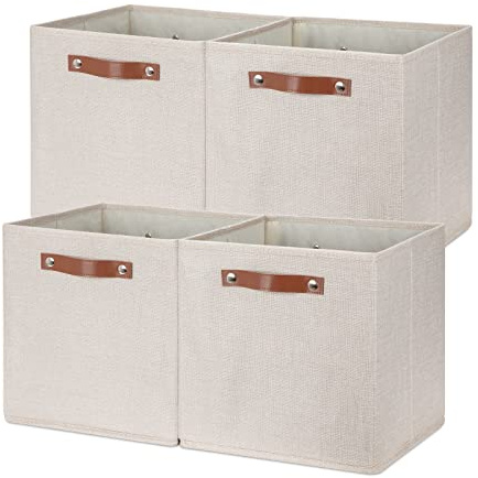 Temary Cube Storage Bins 12 Inch Storage Cubes 4PCs Fabric Organizer Bins Boxes with Handles, Sturdy Collapsible Closet Storage Organizer for Shelf, Bedroom, Cabinet (Beige, 12 x 12 x 12)