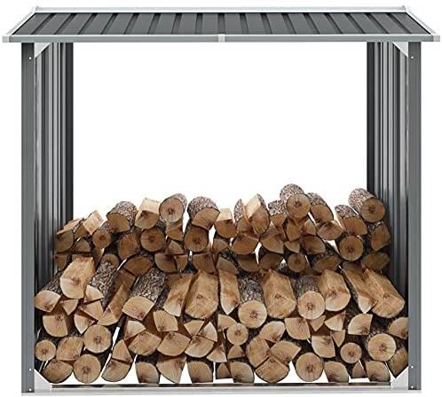 Mogou Brennholzlager, Kaminholzregal Aussen, Holzstapelhilfe, Carport, Sichtschutz Garten, Kaminholzregale, Verzinkter Stahl 172 x 91 x 154 cm Grau