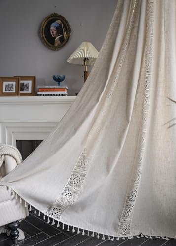 iyoimono Boho Vorhänge Beige Leinen Muster Vintage Vorhänge Landhausstil Häkeln Stricken Gardinen,Polyester Baumwolle Lace Transparent Vorhang für Küche Wohnzimmer Schlafzimmer,2 Stück,B150×H240cm