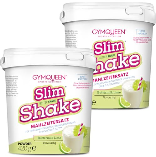 GymQueen Slim Shake 2x420g, Buttermilk-Lime, Leckerer Diät-Shake zum einfachen Abnehmen, Mahlzeitersatz mit wichtigen Vitaminen und Nährstoffen, nur 250 kcal pro Portion