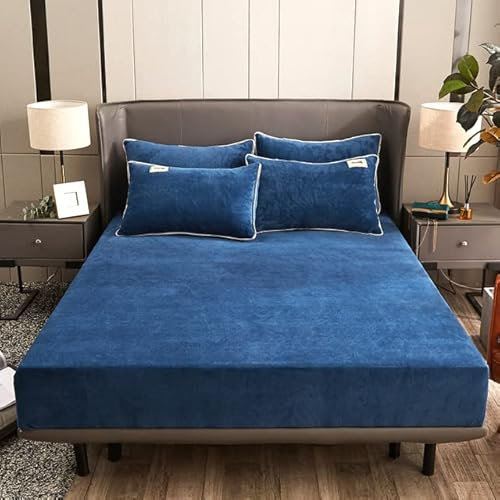 Dicke Flanell-Bettwäsche mit Gummiband, verstellbares Spannbettlaken 180 x 200, elastischer Winter-Matratzenschoner, warm, blau, 6,48 x 74 cm x 1
