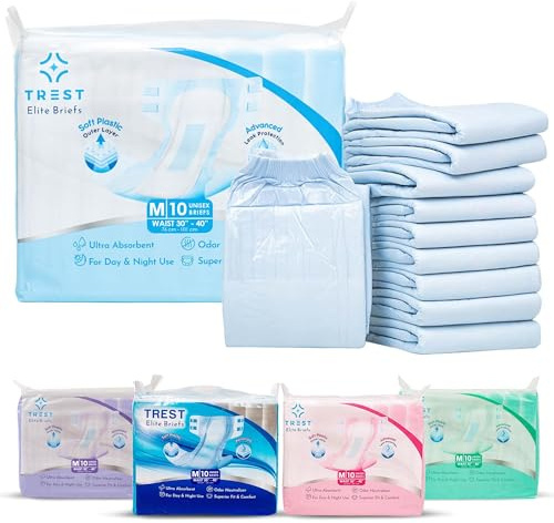 TREST Elite pour hommes et femmes, couches de nuit contre l'incontinence, absorbance exceptionnelle, confortable, neutralisant les odeurs et fixation sécurisée - Bleu, format moyen (Paquet de 10)