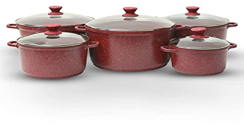 Royalford 5Pcs Die-Cast Aluminium Stockpot Set with Glass Lids - Induction Safe Non-Stick Casserole Set - Granite Coating Cookware Pots - Large Cooking Stockpot - Suitable for Most Types of Hobs Red