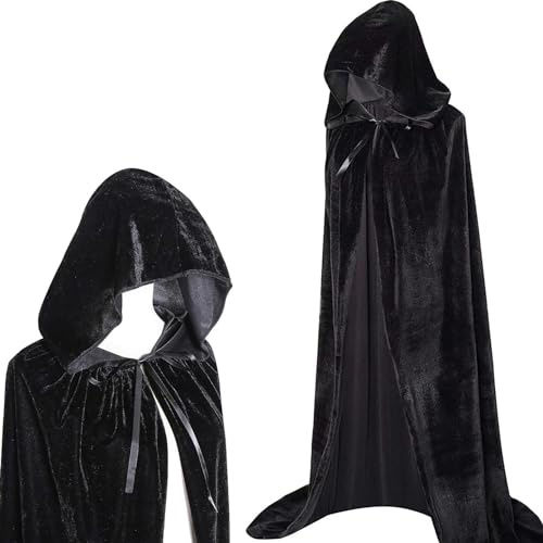 Winwild Schwarzer Umhang mit Kapuze,190CM Samt Cape Vampir Kostüm Damen Herren Erwachsener für Karneval Halloween Cosplay Kostüm(XXL)