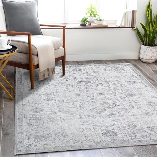 TOPICK Teppich Kurzflor 120x180cm Grau Chenille Vintage Faltbar Suppedünner Waschbar Retro Teppiche Blumen Boho rutschfeste für Innenbereich Küche Wohnzimmer Schlafzimmer Kinderzimmer