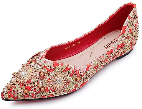 Flats for Women Pointed Toe Fashion Wedding Ballet Shoes Memory Foam Insole Work Casual Slip-On Dress Shoes Women Comfortable Dressy Flat Red Size - 9.5