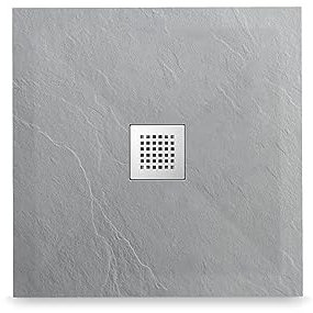 Balneo Duschwanne mit Edelstahlabdeckung Duschtasse Kunstharz Composit, Antiruscht und antibakterielle Struktur, mit niedriger Schweller, Zuschneidbar,F Hellgrau 90x90x2,5cm Stone Tray