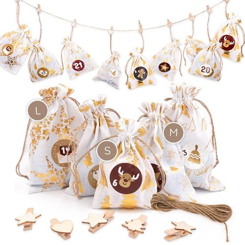 DIY Premium Adventskalender-Set zum Befüllen - 24 beige-goldene Stoff-Säckchen in verschiedenen Größen mit Zahlen-Aufklebern, Holzklammern und Kordel für Weihnachten