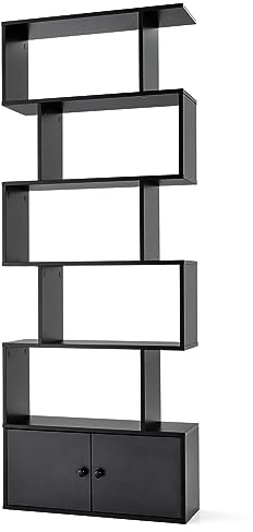 CASART 5/6 Tier Wooden Bookcase, Free Standing Shelving Stand Rack, S-Shaped Bookshelf Storage Display Unit (Black,70 x 23 x 183cm)