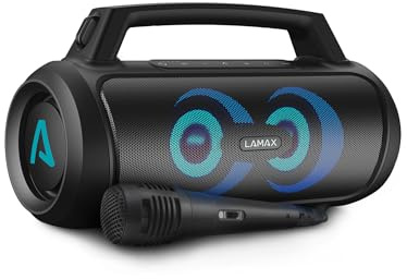 LAMAX PartyGo1 Enceinte Bluetooth Portable avec poignée et Microphone Filaire BT 5.3, Puissance 100W, 3 Modes de rétroéclairage LED, 20 Heures d'autonomie, étanche IP67