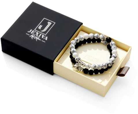 Jexiva Set Of 2 Matching Couple Bracelets Magnetic Heart - Stone Beads, Stretch, Unisex Anniversary, Express Love, Valentine, Long Distance, Christmas Gift (Black+Howlite, With Luxury Giftbox)