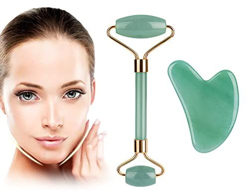 Juego de rodillo de jade y Gua Sha, herramienta de masaje facial para rutina de cuidado de la piel, ojos y cuello, belleza facial, herramienta de masaje para el cuidado de la piel regalos
