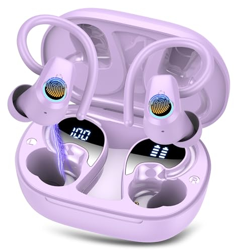 Wireless Earbuds, Bluetooth 5.3 Headphones with 4 ENC Noise Canceling Mic, 50H Stereo Dual LED Display Ear Buds, Sport Wireless Earphones with Earhooks, IP7 Waterproof Wireless Headphones Gym, Purple