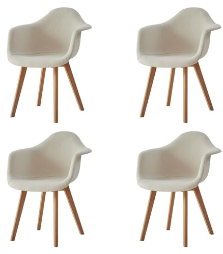 HJhomeheart 4er-Set Esszimmerstühle,Beige, mit Teddy-Samt bezogene Küchenstühle, Sessel im Vintage-Stil mit Armlehnen und Beinen aus massivem Buchenholz,Geeignet für Küche, Esszimmer，Schlafzimmer