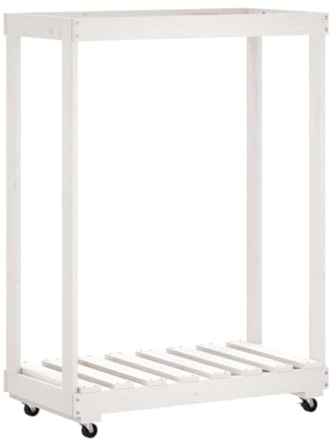 Gecheer Kaminholzregal mit Rollen Feuerholzständer Brennholzregal Feuerholzregal Kaminholzhalter Brennholzständer Holzkörbe Kaminholzständer 76,5 x 40 x 108 cm (B x T x H) Massives Kiefernholz Weiß