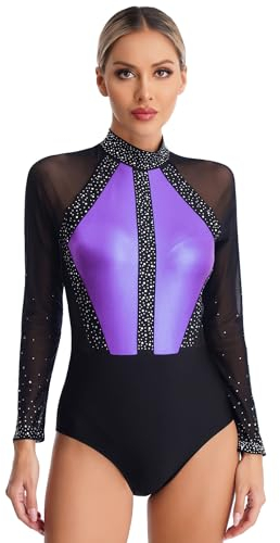 inlzdz Eiskunstlauf Anzug Damen Turnanzug Gymnastikanzug Langarm Body Leotard Tanz-Body Ballettbody Balletttrikot Metallic Ballettanzug Tanz Kostüm Helles Lila L