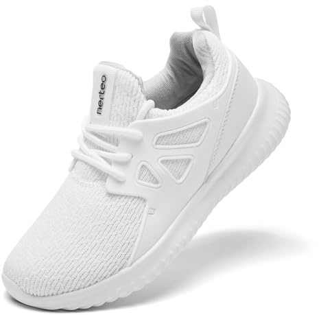 nerteo Girls Boys Kids Cheer Shoes Slip on Tennis Athletic Sneakers for Running, Gym, School, Childrens, Youth Walking, All White Size 1 US Big Kid