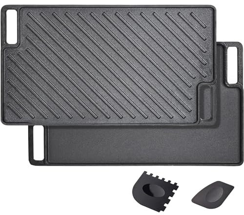 Orgneas Wendbarer Grill/Grillplatte aus Gusseisen, 24,6 x 42,4 cm, vorgebrannte Grillplatte, rechteckig, Doppelbrenner, antihaftbeschichtet, für Herd, Keramik und Induktion
