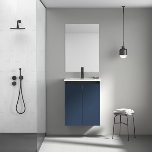 AMIZUVA - Conjunto Mueble de Baño con Lavabo Modelo Fine - Ideal para Baños Pequeños - Lavabo con Mueble suspendido con Armario - Acabado en Azul Navy Mate - 50x63x36 cm