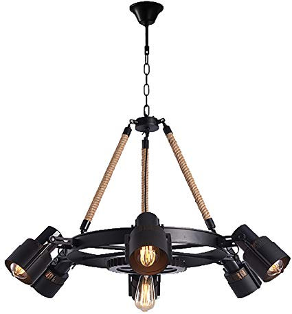 Lampadari neri in corda di canapa Lampada da soffitto V-intage Altezza regolabile E27 Illuminazione per fattoria in metallo Compatibile con ristorante, negozio di abbigliamento, caffetteria, luci a s