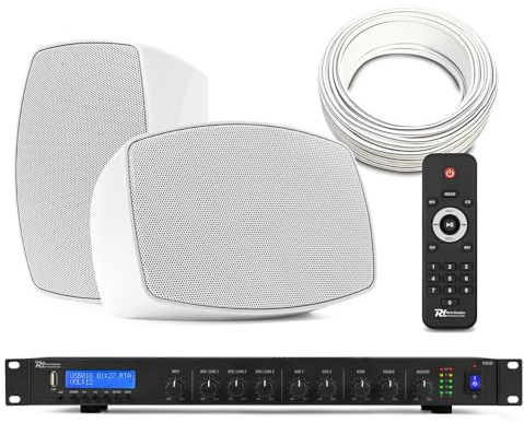 Power Dynamics Wall Mounted Speaker System with PDC90 Media Amp, Weatherproof Outdoor Speakers, Commercial Small Office or Cafe Music Sound Set, Bluetooth and DAB+ Audio