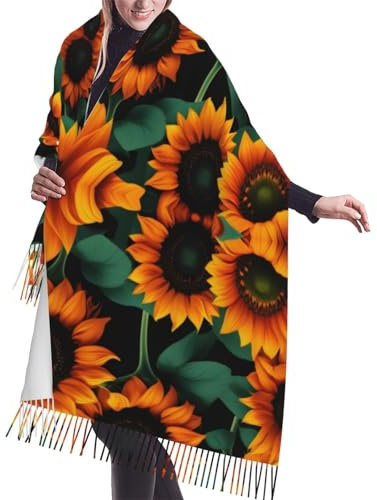 CHARMERM Orange Sunflower Wallpaper Cashmere Warmer Schal Fransen Warmer Schal Kaschmirschal 77x27 Zoll Damenschals, Schwarz , Einheitsgröße
