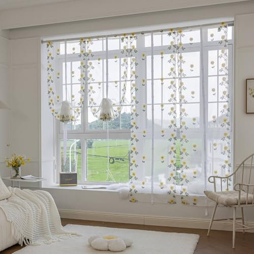 Wycian Fertiggardinen Makramee Vorhang Tür Weiß Gelb Voile 2er Pack Transparent mit Sonnenblumenmuster H214 x B86 cm (2er Pack) Polyester