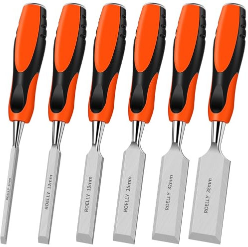 ROELLY 6 Stück Stechbeitel Set für Holz, 6, 12, 19, 25, 32, 38 mm, Schnitzwerkzeug,Holzwerkzeug,Scharfe Klingen Mit Bequemen Griffen Zum Holzschnitzen