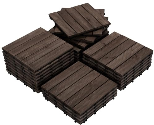 Yaheetech Lot de 27 Dalles Clipsables de Terrasse 30 x 30 cm | Caillebotis en Bois Massif de Sapin Certifié FSC, Revêtement de Sol Extérieur Balcon, Veranda, Noir