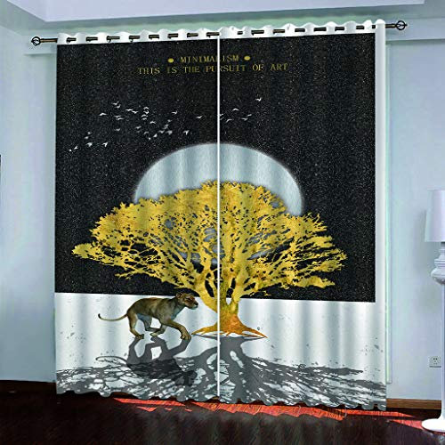 MAYNUO Blickdichte Vorhänge Mit Motiv 3D Tiere, Löwen, Goldene Bäume Kinder Gardinen Ösen Gardine Thermo 280x160 cm Schlafzimmer Kinderzimmer Vorhange Dekoratives Muster, Verdunklungsvorhänge