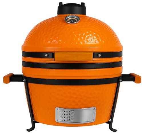 Kamado, barbecue giapponese in ceramica, diametro 40 cm, con carbone di legno, termometro incorporato, manico in legno, colore arancione premium, ideale per giardino, terrazza, campeggio
