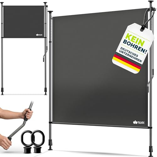 tillvex® Klemmmarkise Senkrechtmarkise 200x310cm mit Handkurbel ohne Bohren | Sichtschutz Ausziehbar & Blickdicht | Vertikalmarkise für Balkon Terrasse Garten | Sichtschutzrollo Sonnenschutz Wetterfest