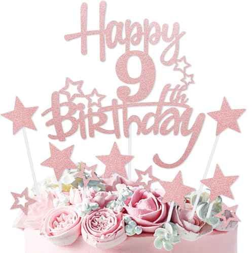mciskin Rose Gold Happy 9th Birthday Cake Toppers,9th Birthday Decorations for Girls,Personalised Cake Topper Rose Gold Glitter Star Cupcake Toppers for Girls Women Party Decorations Supplies
