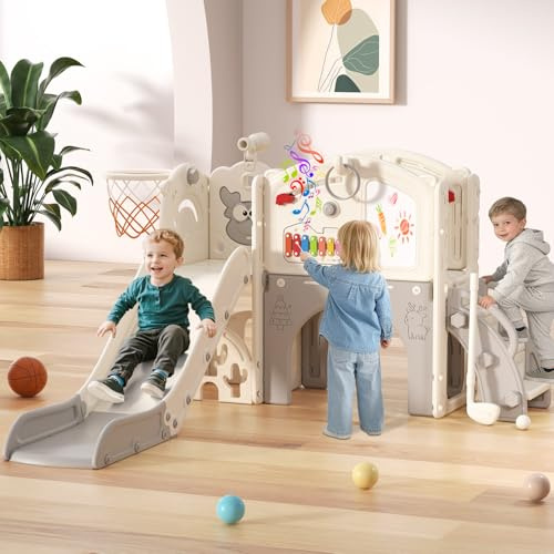 BIERUM Toddler Slide Set, 13 in 1 Kids Indoor Slide for Toddler 1-3, Indoor Outdoor Toddler Slide Playset with Basketball Hoop, Golf Game & Drawing Board, Baby Indoor Slide Playground, Cream&Gray