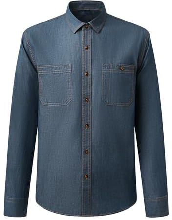 Allthemen Camicia in Jeans Uomo Maniche Lunghe Slim Fit Iconic Denim Button-Down Elegante Shirt Cotone con Tasca Blu Scuro L