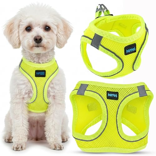 Happet Hundegeschirr XS für kleine Hunde – atmungsaktives Air-Mesh Brustgeschirr, weich gepolstert, leicht & verstellbar, reflektierend, komfortabel & sicher, Softgeschirr für Hunde, Neon Grün