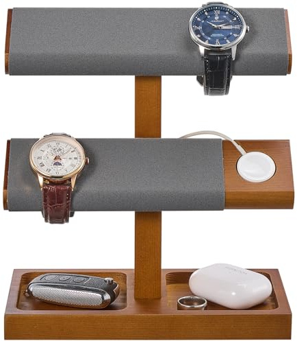 ProCase Klockorganiseringsstativ, trä klockarmband display T-stång, klockhållare förvaring – 2 nivåer, brun