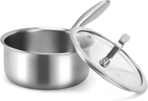 Nontoxicook Professional 16cm 1.4L Uncoated Tri-Ply Saucepan with Lid | Small Sauce Pot for Milk, Sauces and Baby Food, Suitable for All Hobs Including Induction and Oven Safe