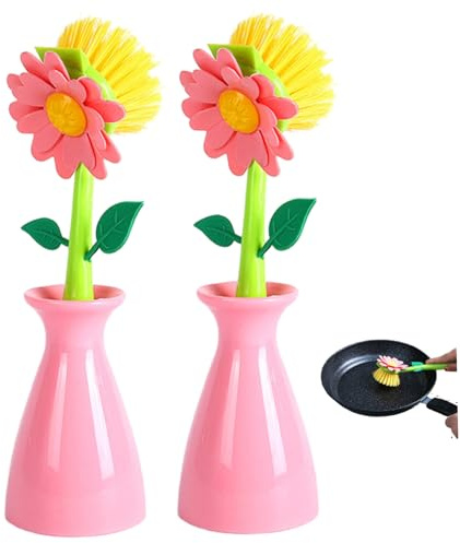 Flower Dish Brush with Handle, 2pcs Funny Flower Shaped Dish Washing Brushes with Holder, Non-Scratch Pot Scrubber, Kitchen Sink Brush for Dishes, Pots & Pans