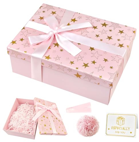 Geschenkbox mit Deckel 25x18x8,5 cm Rosa Geschenkkarton Faltbare | Geschenk Box mit Schleifen, Grußkarten und Raffiapapier, Geschenkverpackung Gift Box für Geburtstag Weihnachten Valentinstag