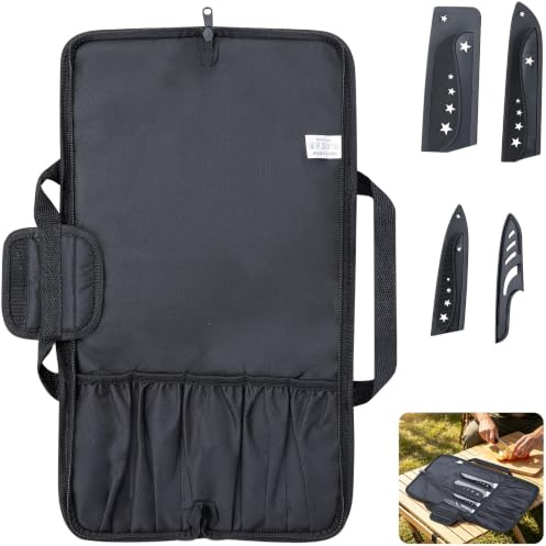 Sac à Couteaux de Chef Professionnel 5 Emplacements et 4 Protège-Lames, Trousse à Couteaux Oxford 1680D Résistant à l'Eau, Étui de Rangement Robuste pour Cuisine Camping, Noir