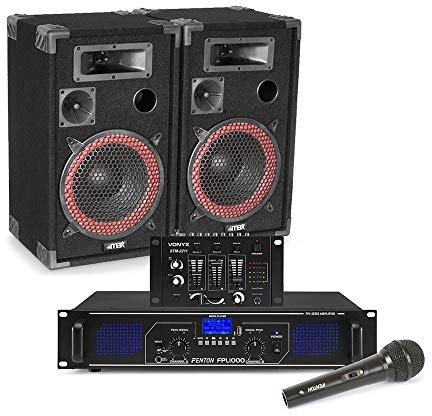 Complete DJ PA System with Max Red 10 Passive Speakers, Fenton FPL1000 Bluetooth Amplifier, Vonyx 4-Channel Mixer & Handheld Wired Microphone for Parties (600W)