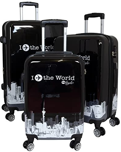 Trendyshop365 Hartschale Koffer-Set 3-teilig mit Flugzeug Städte Motiv - Fly The World schwarz - 4 Rollen