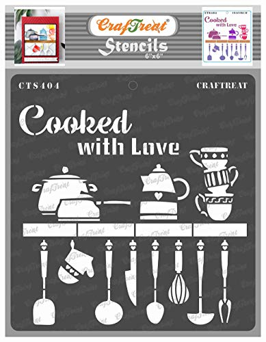 Wiederverwendbare Küchenschablonen von CrafTreat zum Malen auf Holz, Wänden und Fliesen – „Cooked with Love“ – 15,2 x 15,2 cm – DIY-Kunst- und Bastelschablonen für die Heimdekoration – Kochzitate