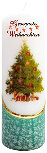 Meissner-Handel Auswahl Motiv, Weihnachtskerze 'Gesegnete Weihnachten' ca. 6 x 18 cm, farbig getaucht, mit farbigen Wachs- und Bildauflagen * (Motiv 001-GW)