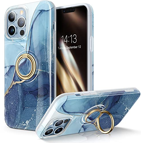 GVIEWIN for iPhone 13 Pro Max Case Marble TPU with Rotatable Ring Holder | Built-in 360° Ring Stand, Slim, TPU, Shockproof, Protective, Stylish Case Cover 6.7 Inch 2021, Navy Blue